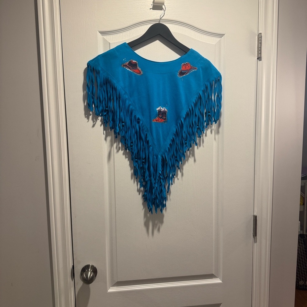 Vintage Turquoise Suede Fringe Western Poncho Capelet Cowboy Hat Boot